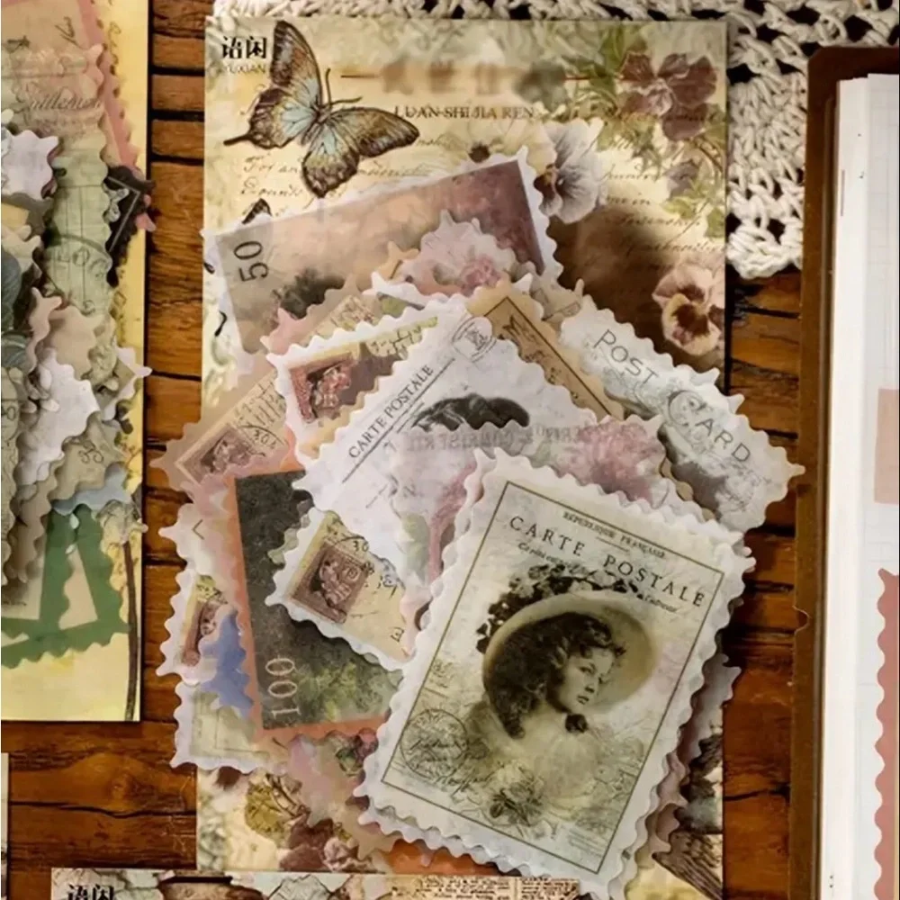 Set Of 60 pcs Vintage Style Stamp Stickers Adorable‎ Designs For DIY Scrapbooks