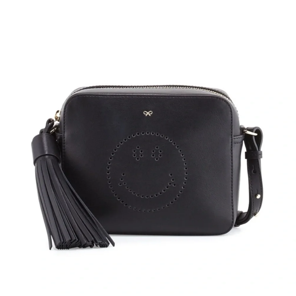 Anya Hindmarch Smiley Eyes Black Leather Crossbody Bag Tassel