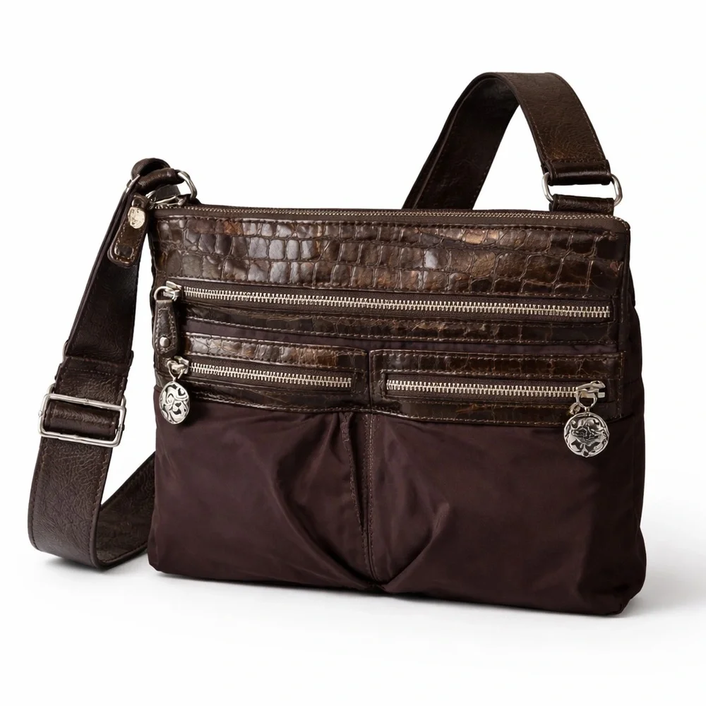 Brighton Go Go crossbody messenger bag nylon croc patent leather croc brown