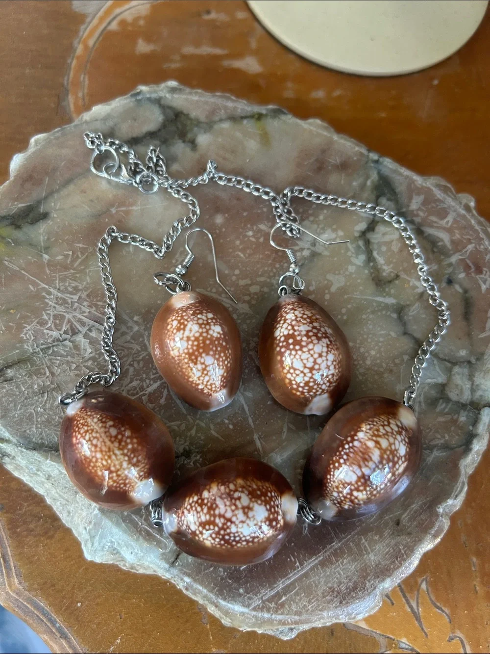 Vintage Snakehead Cowrie Shell Necklace & Earring Set