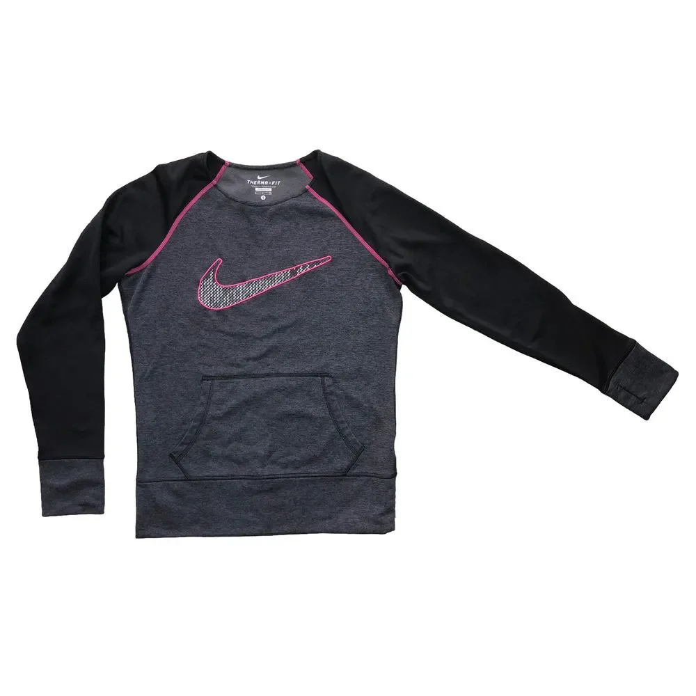 Nike Sweatshirt Women's S Gray Pink Therma Fit Thumb‎ holes