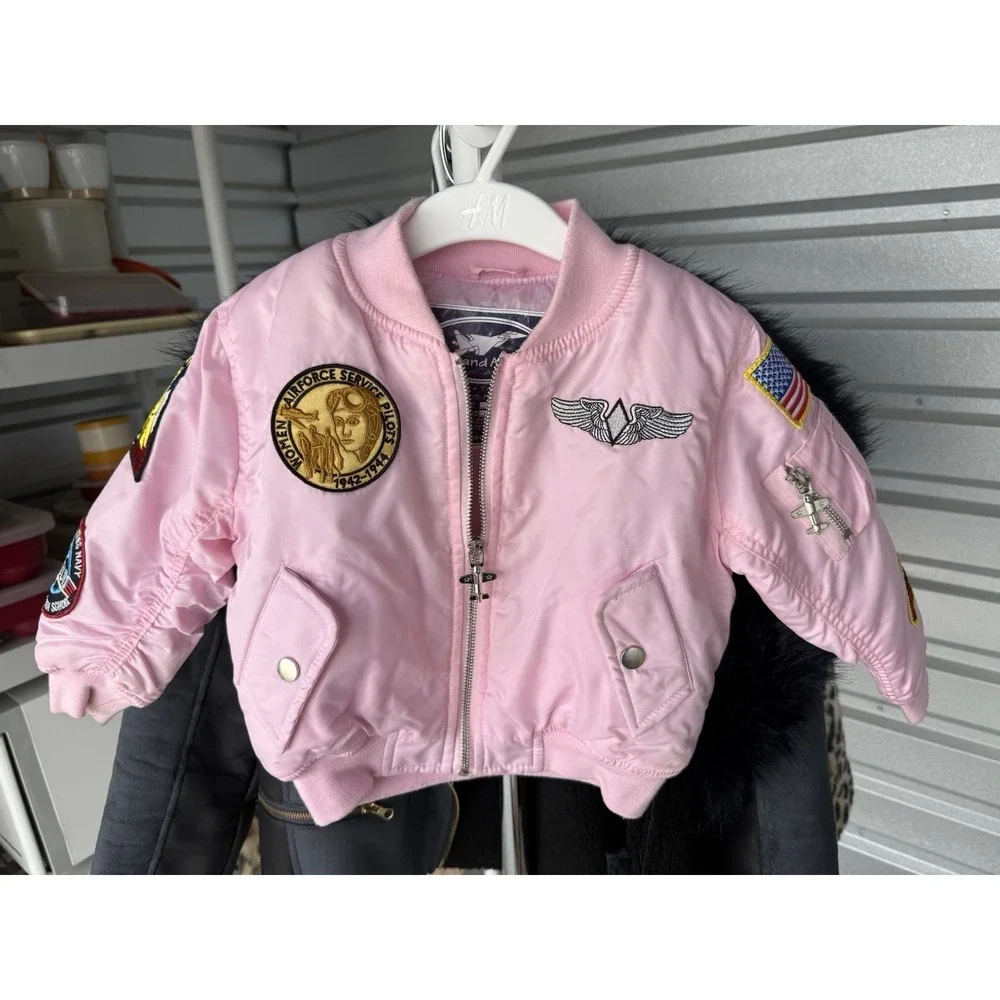 Up And Away USAF MA-1 Flight Jacket Girls 3T Pink Bomber Top Gun Pilot Patches