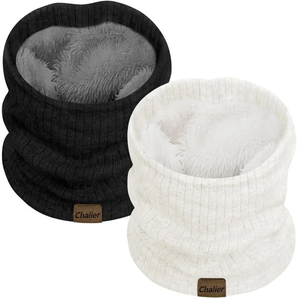 Women's (black+ White)Scarf Winter Double-Layer Neck Warmer Knit Fleece 2Pack