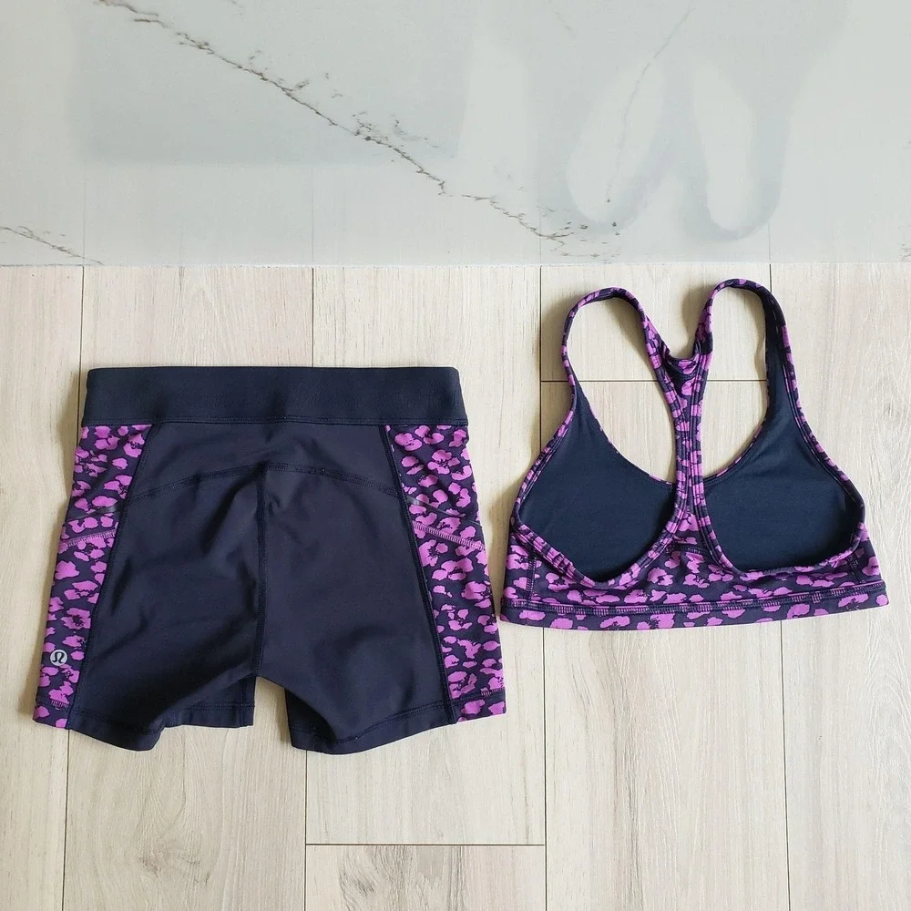 Lululemon What The Sport 2Pc Set Womens 4 Black Cheetah Print Short Bra W7B61S