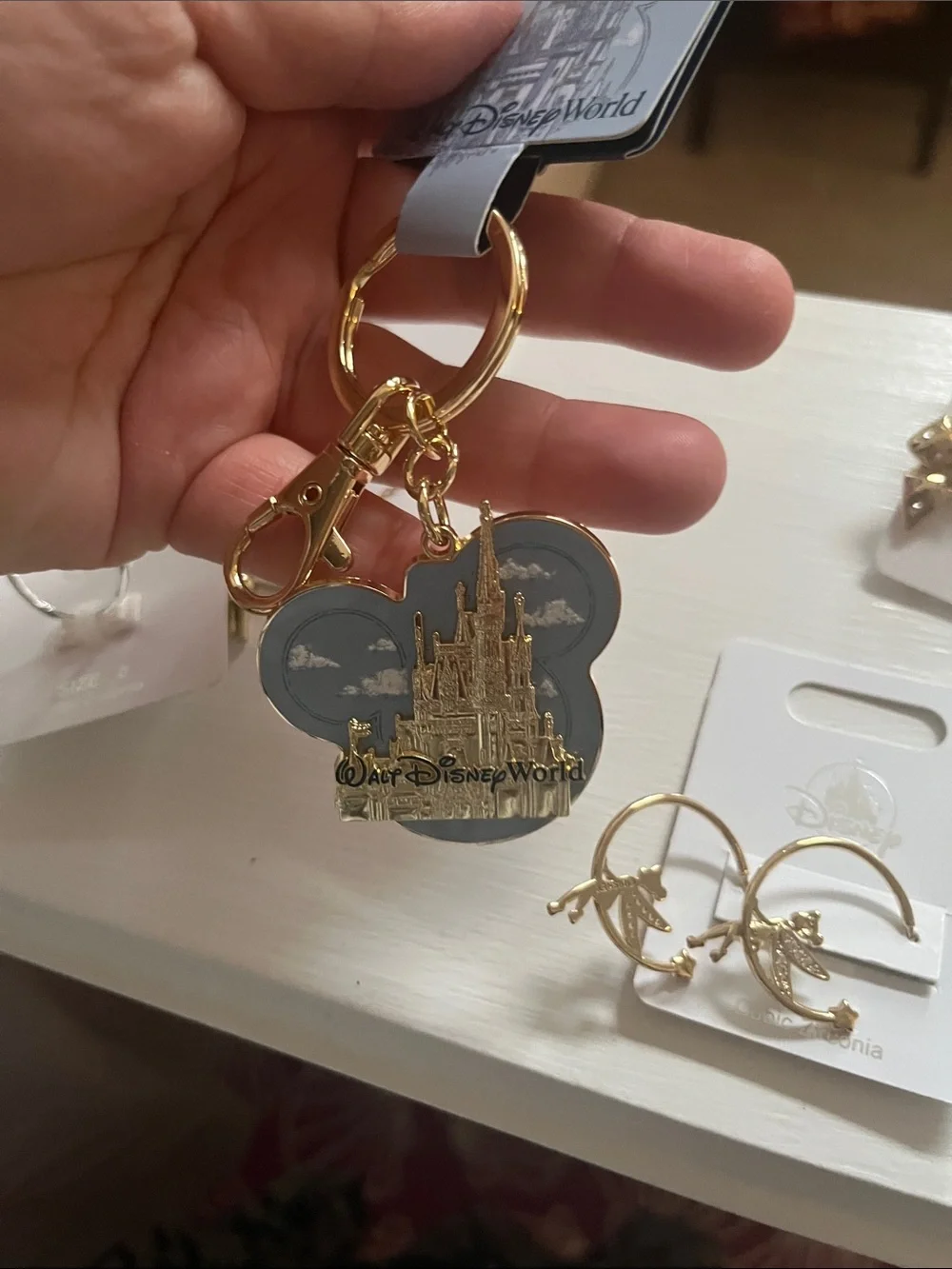 Disney Gold and Blue Castle Keychain with Coordinating Gold Jewelry Set. NEW