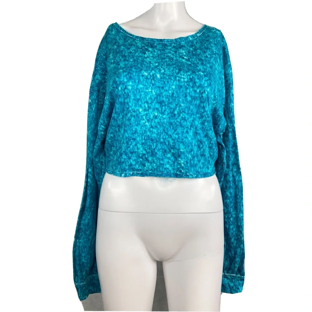Free People Movement Shirt Womens M Blue Cotton Backstage Criss Cross Back Crop‎