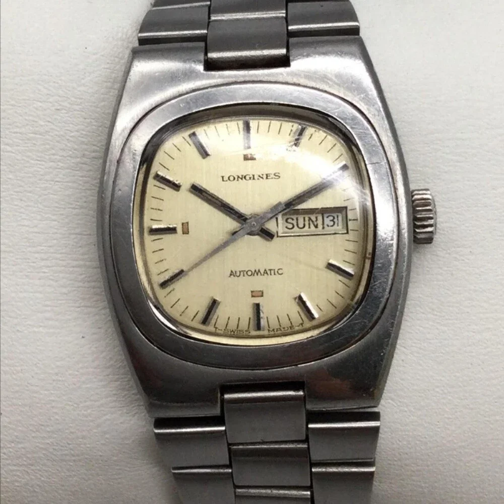 Vintage Longines Mens Watch 27mm Cream Dial Automatic Day Date Stainless 6.25