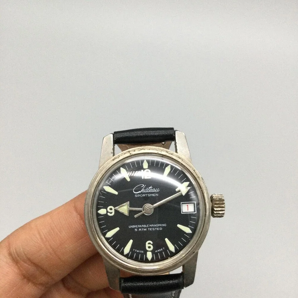 Vintage Chateau Sportsman Mens Watch 30mm Black Dial Manual Date Swiss Leather