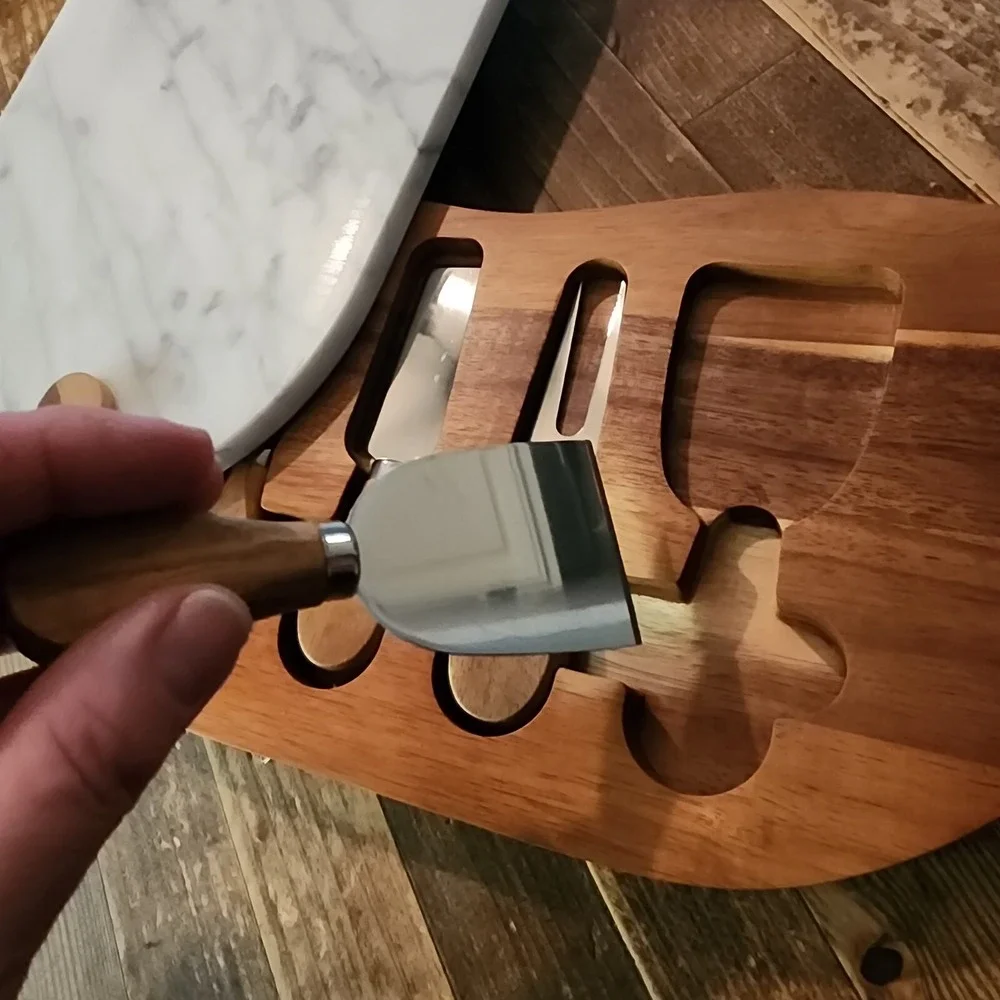 Our Table Wood Marble Cheese Cutting Charcuterie Board Knife Set