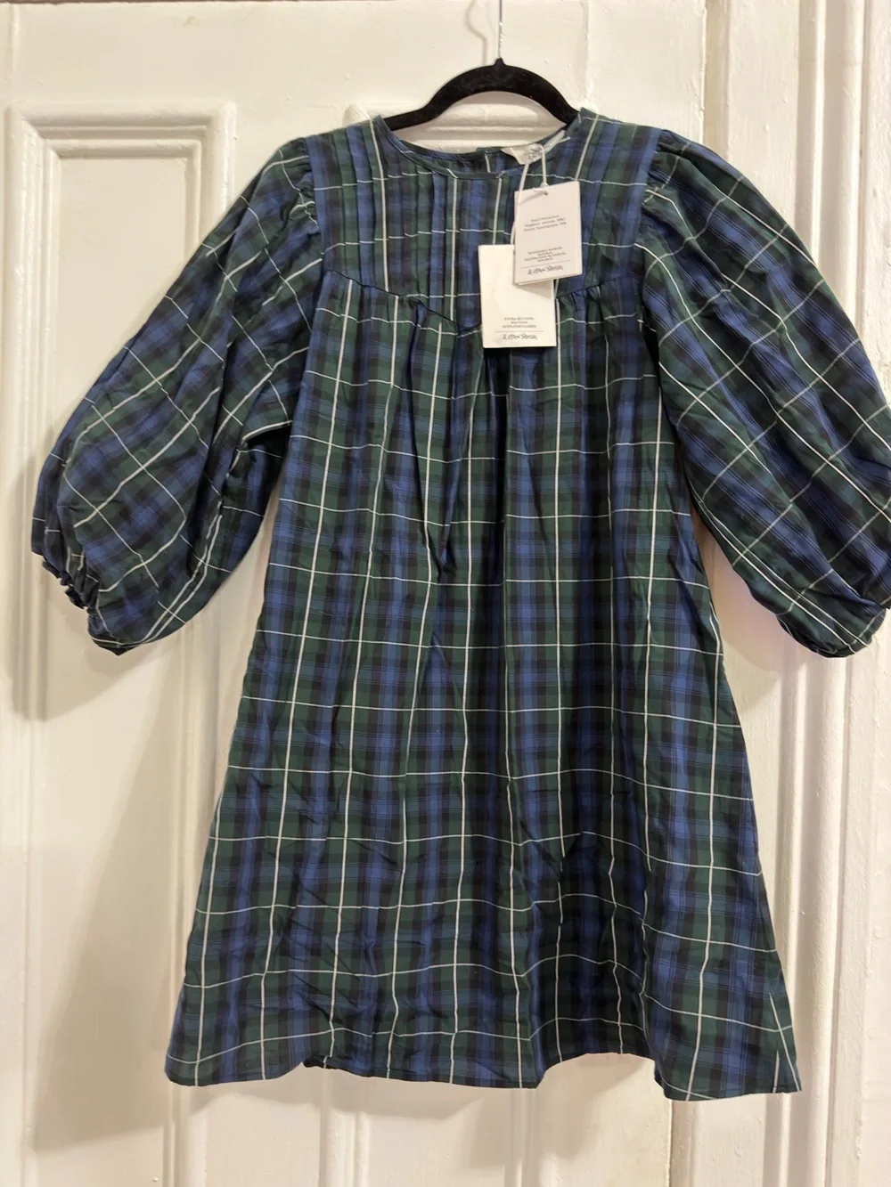 & Other Stories Navy and Green Plaid Puff-Sleeve Dress