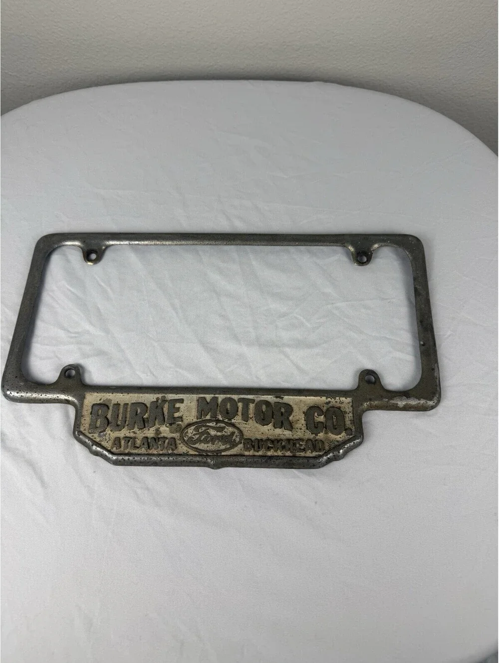 Vintage Burke Motor Co Ford License Plate Frame Atlanta Buckhead GA Dealer Metal