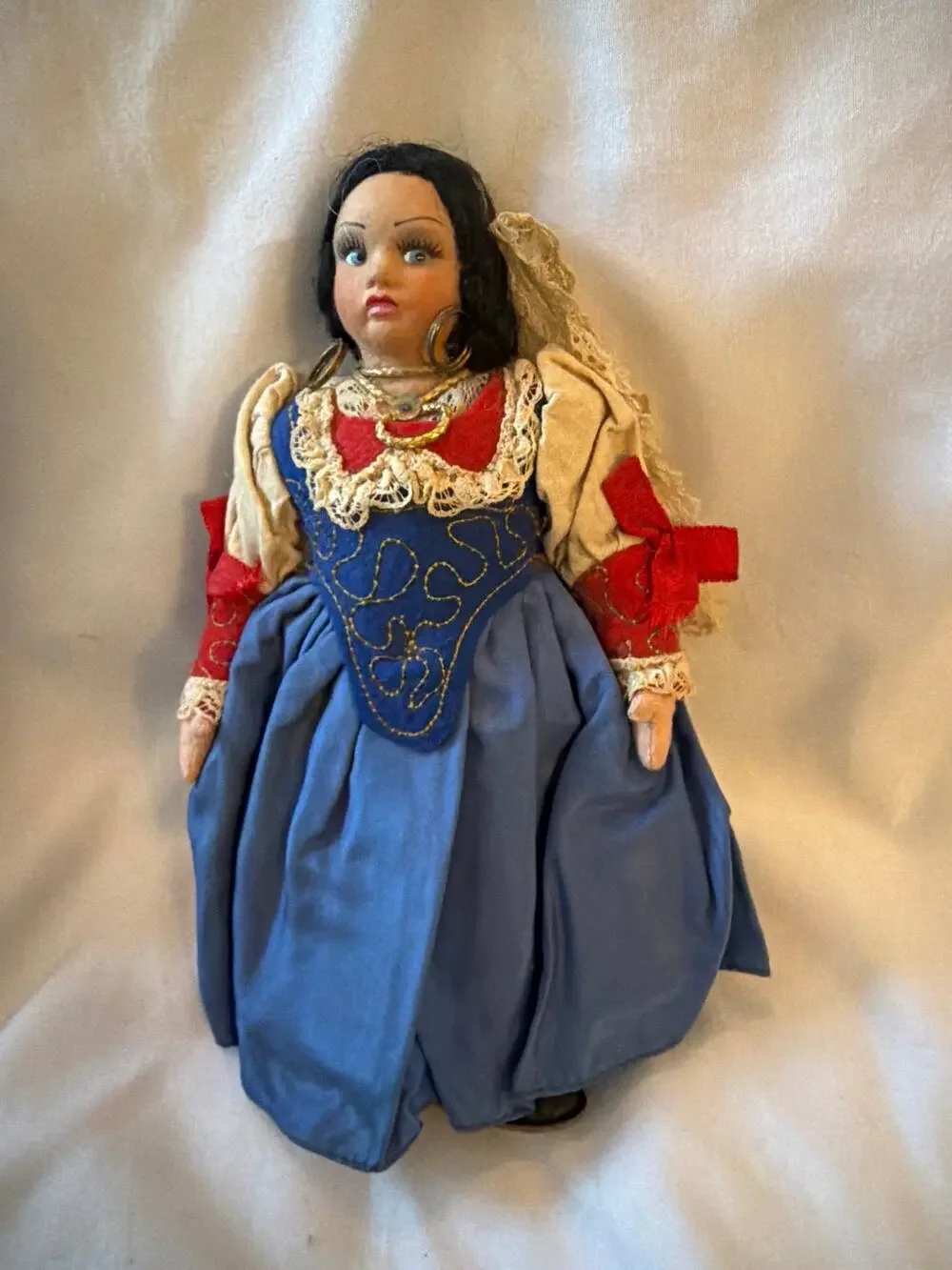 Vintage Spanish Souvenir Doll Felt Face Cloth Body Lace Mantilla Poseable 10