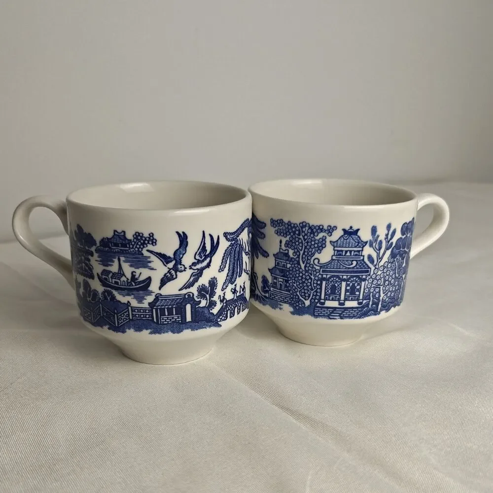 2 Vintage CHURCHILL England cobalt Blue Tea Coffee Cups asian Japan inspired