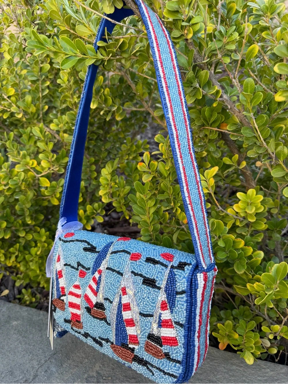 NWT Viral Beaded Shoulder Bag Sailboats Ocean Coastal Nautical Summer Fashion