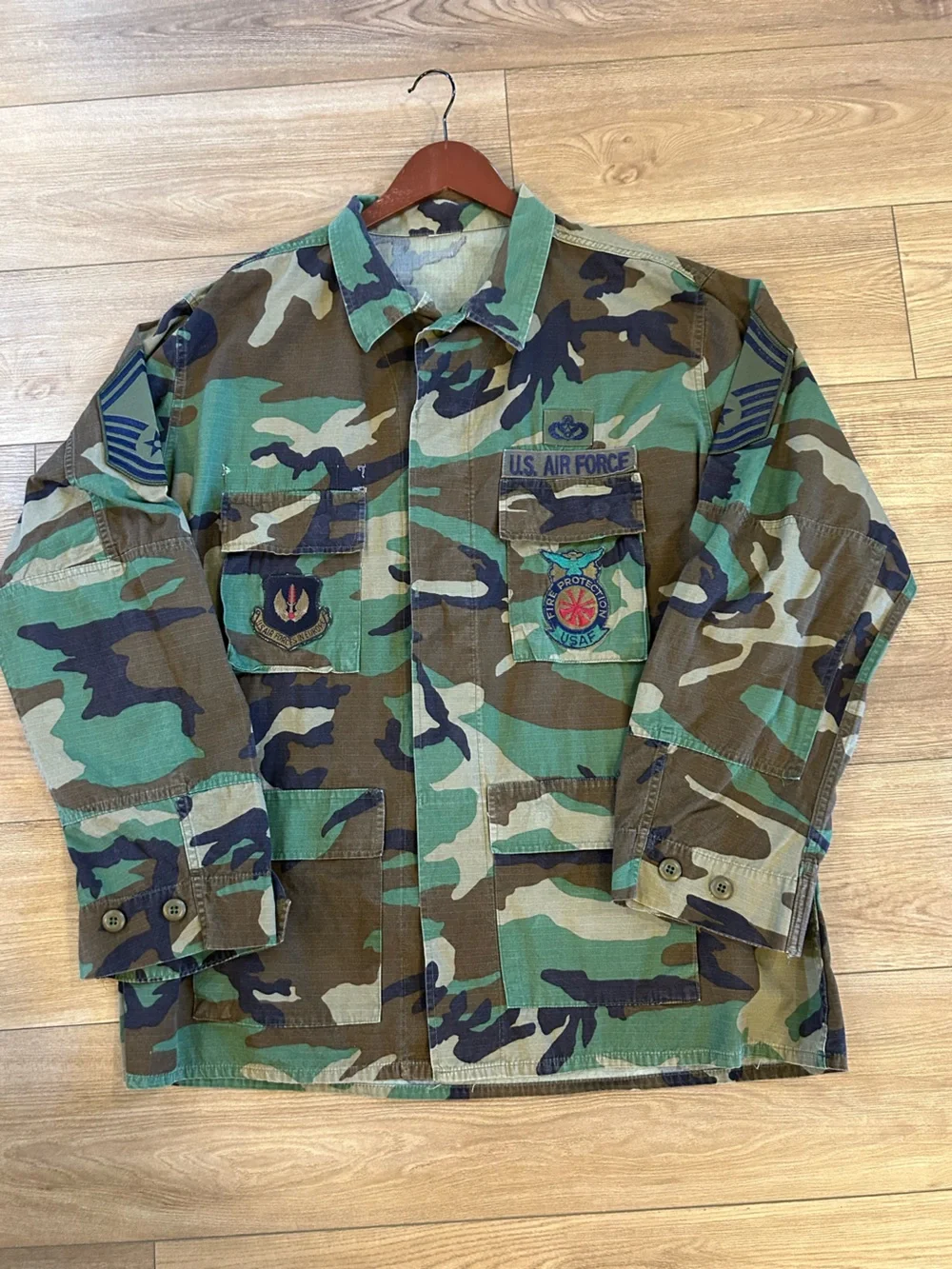 Vintage U.S. Air Force Woodland Camo BDU Jacket Fire Protection Military Shirt