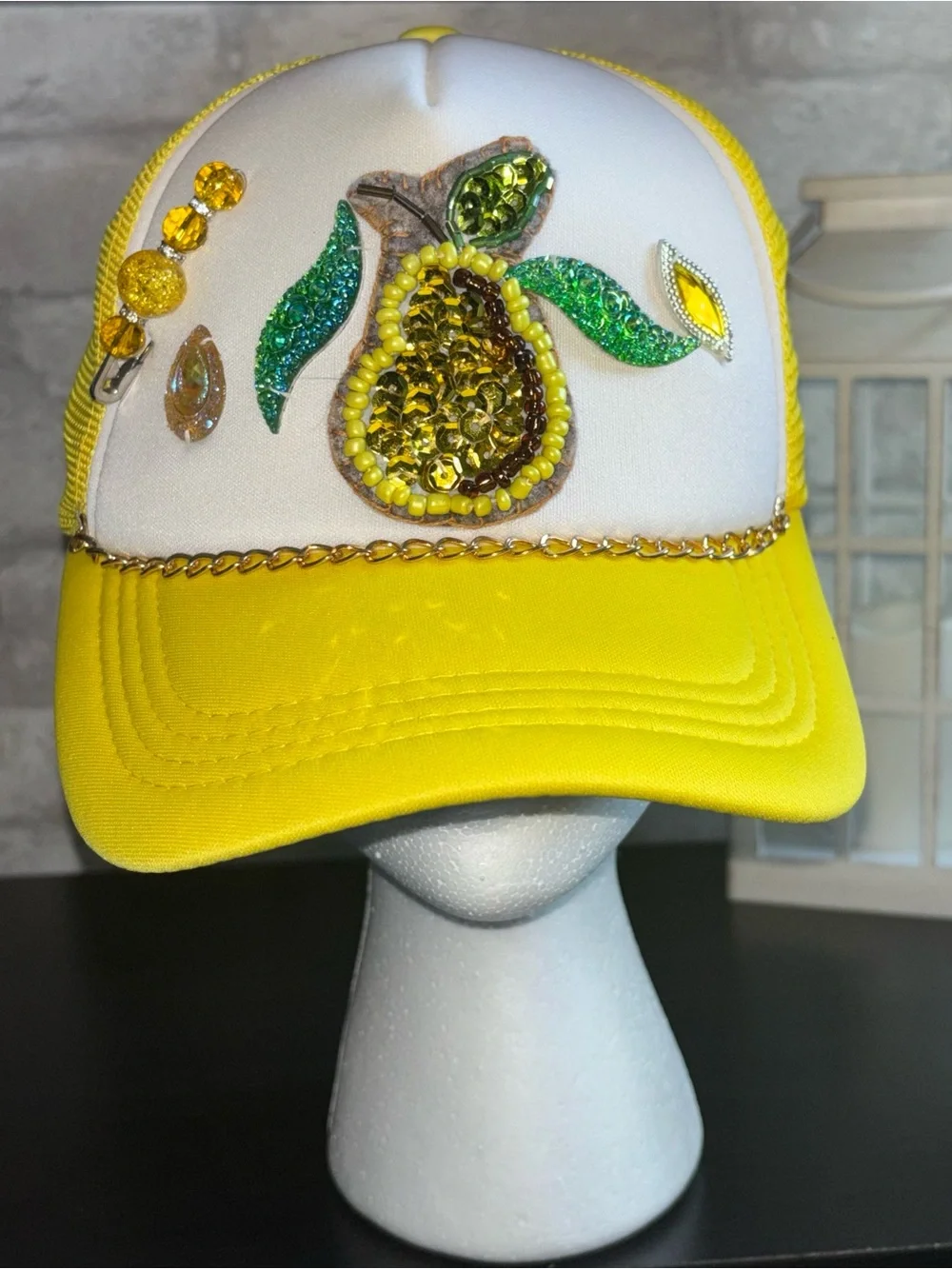 Handmade Embellished White & Yellow Sequin Baseball Cap NWT