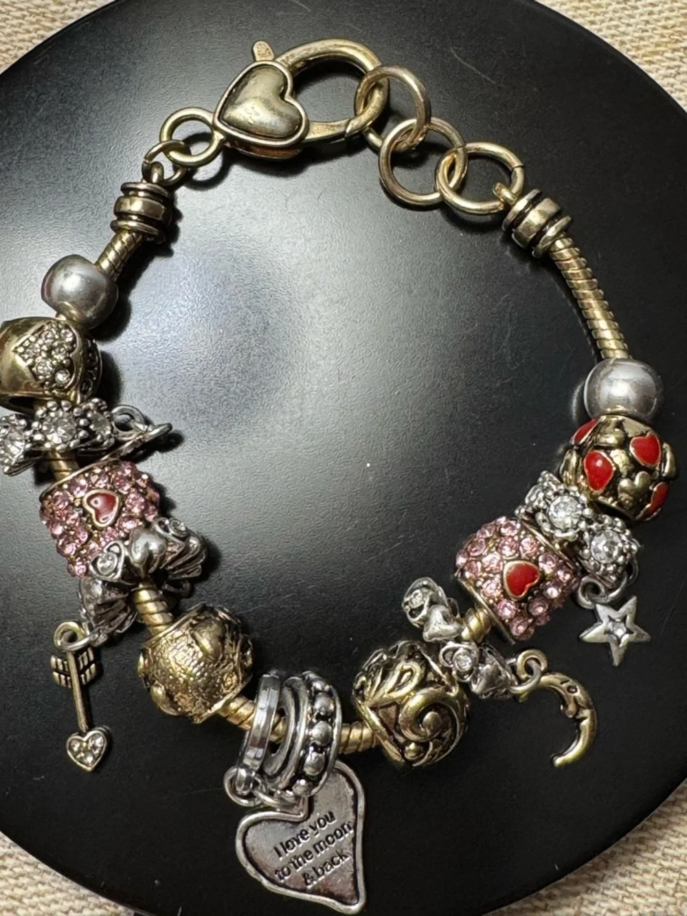 Whimsical Charm Bracelet Gold Tone Pink Rhinestones Hearts Girlhood Charm Chaos