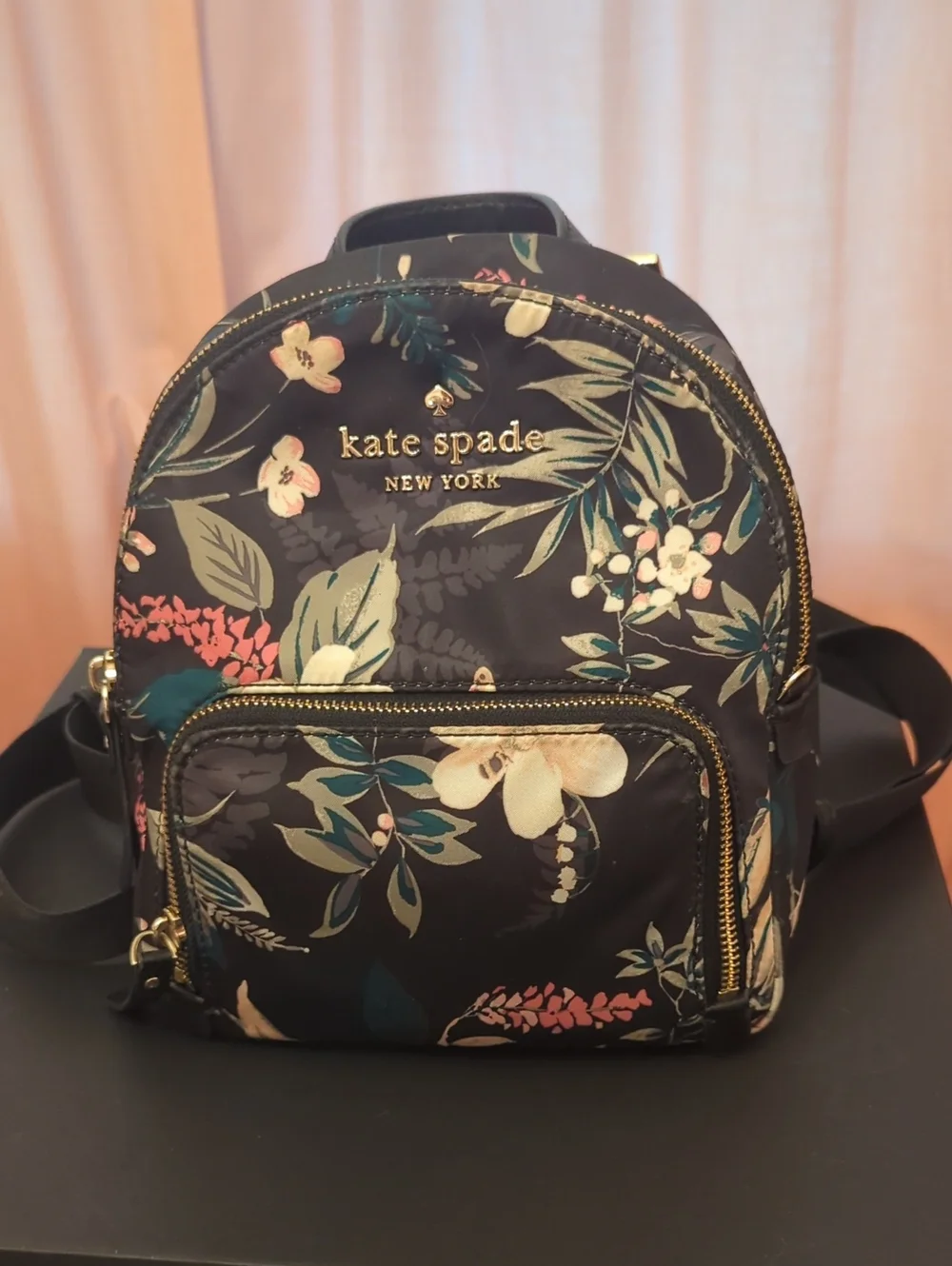 kate spade Black Floral Nylon Mini Backpack with Gold Hardware