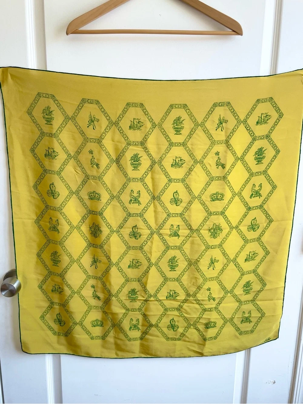 Vintage Echo Hand Rolled Scarf Honeycomb Crest Of Arms Chartreuse Silk?