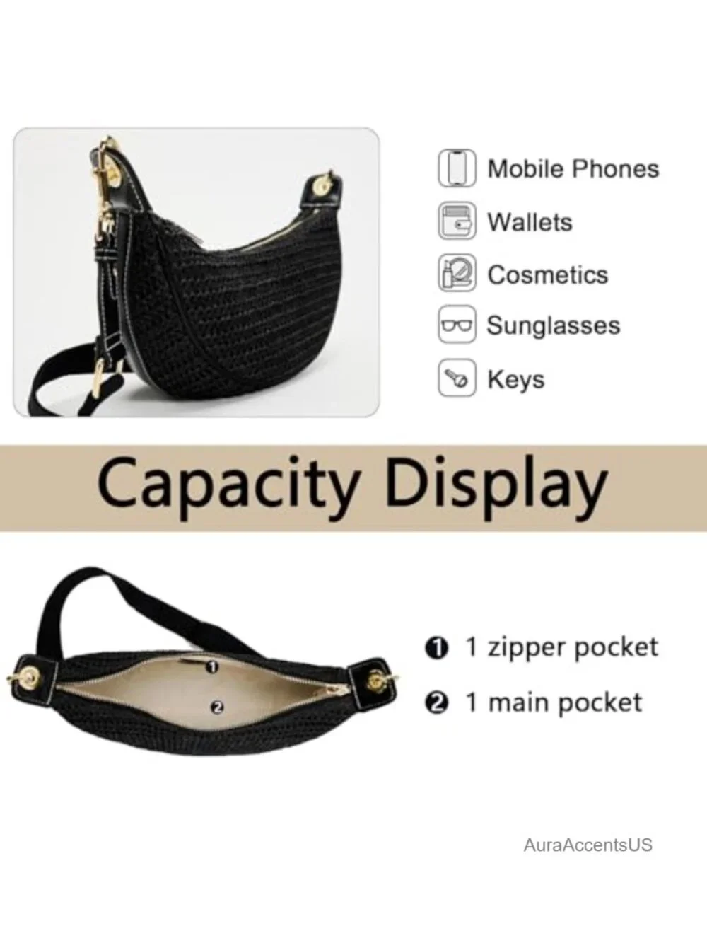 Straw Crescent Woven Hobo Crossbody Bag with Adjustable Strap