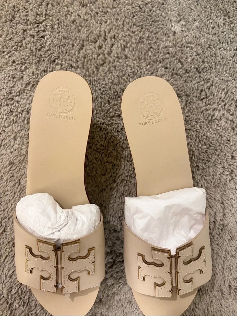 Tory Burch Beige Leather Logo Platform Slides