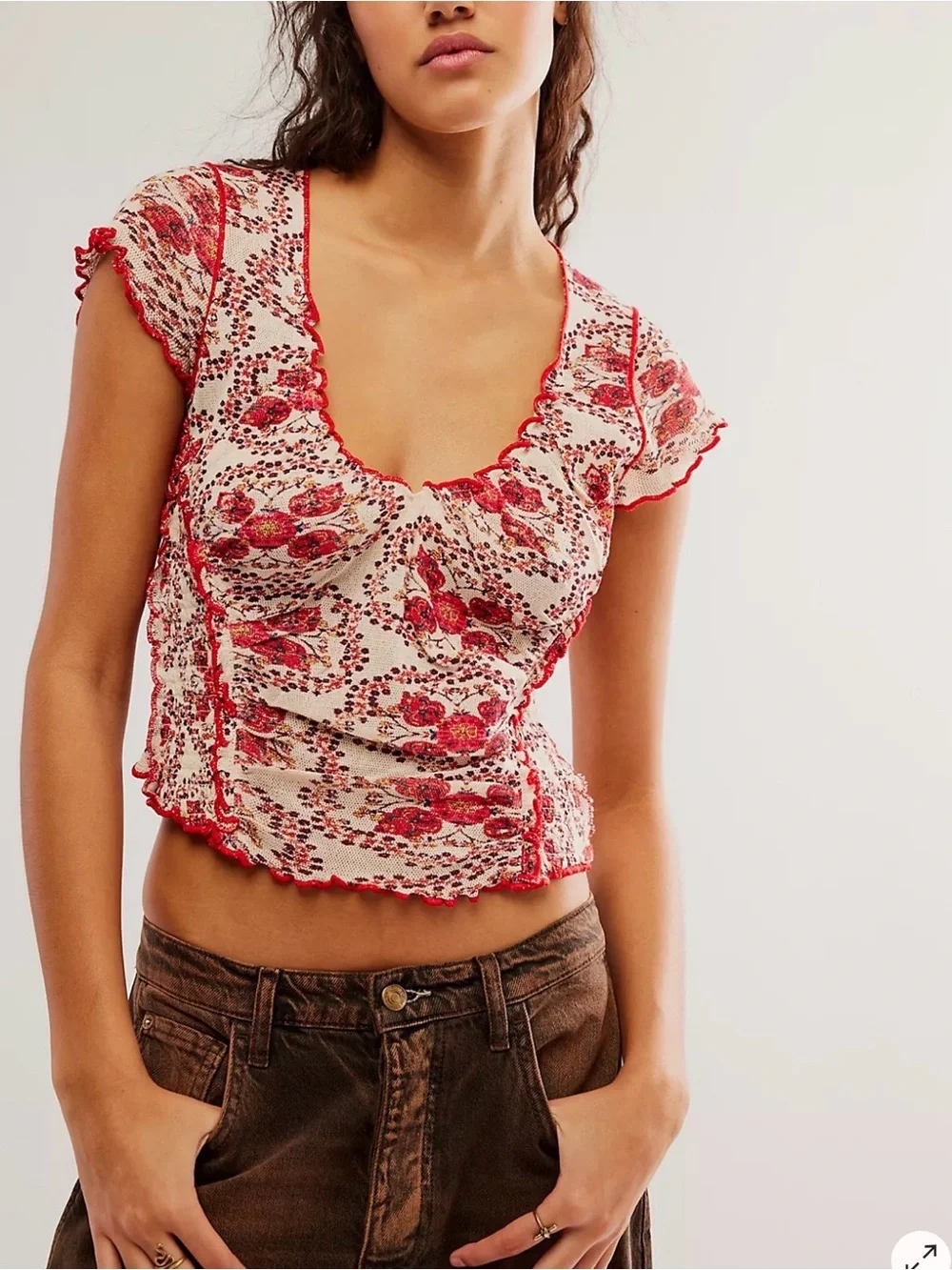 Free People Oh My Baby Tee Floral Mesh Ruched Coquette Boho Top M