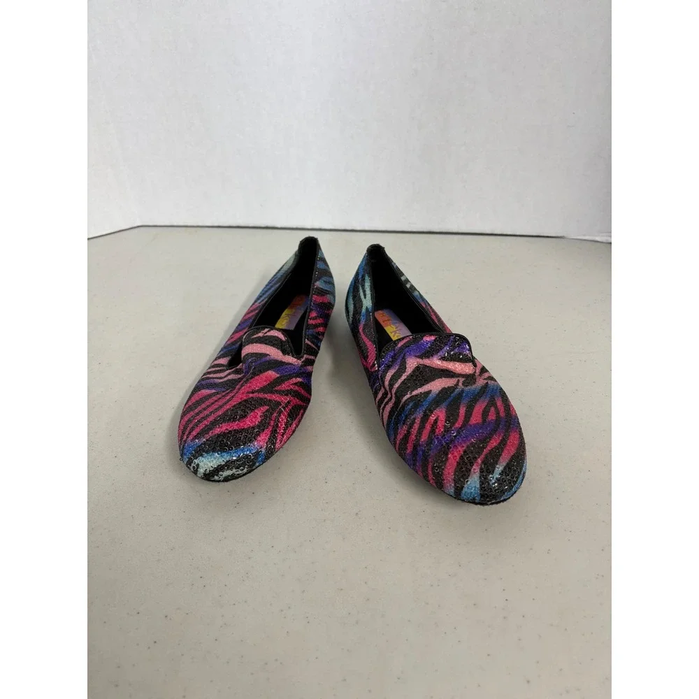 Hot Cakes Womens 8.5 M Rainbow Zebra‎ Sequin Loafers Smoking Flats Multicolor