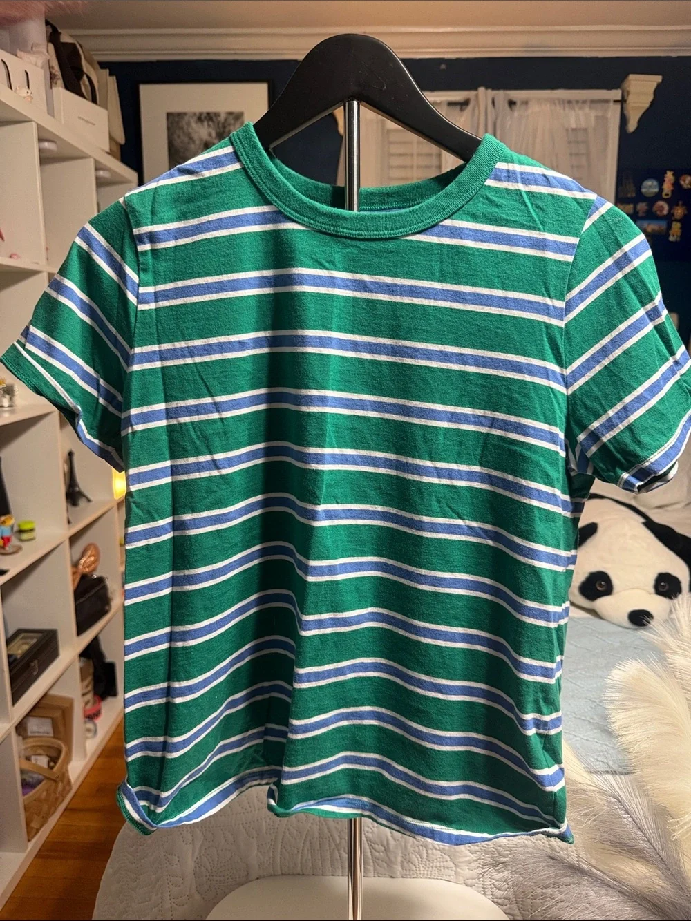 Old Navy Green Striped Short Sleeve Tee with Blue and White Accents