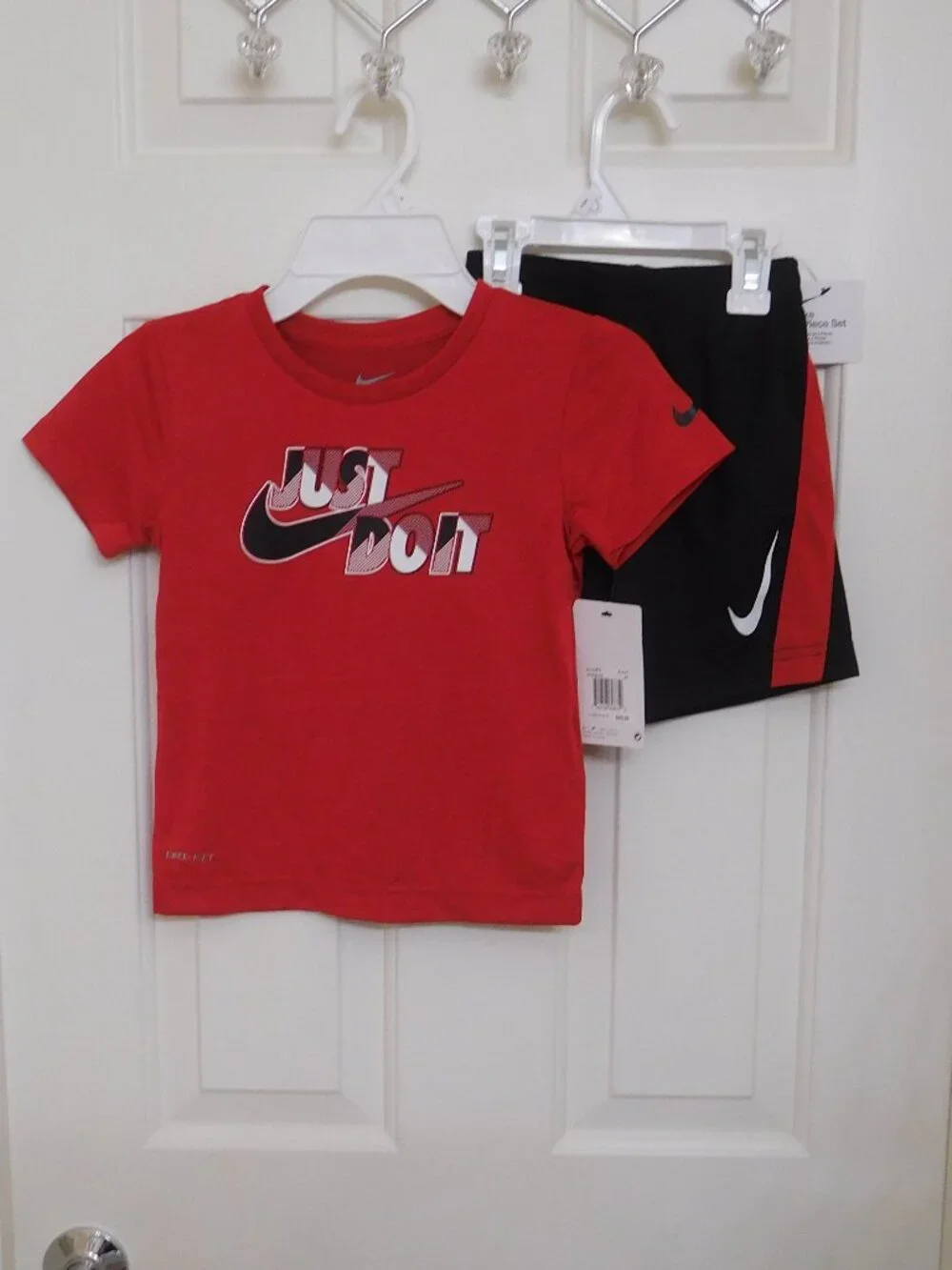 NWT 2pc Nike Red White Black Just Do It Logo Shirt & Shorts Set sz 4