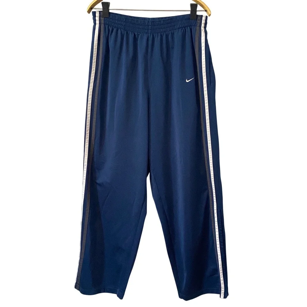 Nike Navy Blue Track Pants Mens XL Side Stripe Ankle Zip Athletic Trousers