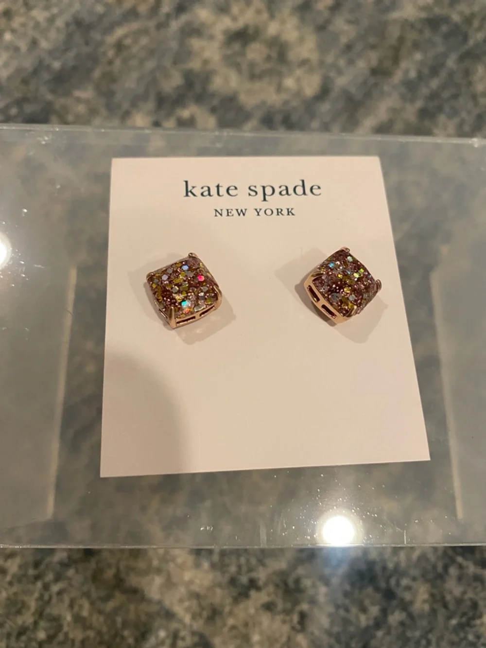 NWT kate spade rose gold multicolor sparkle square stud earrings