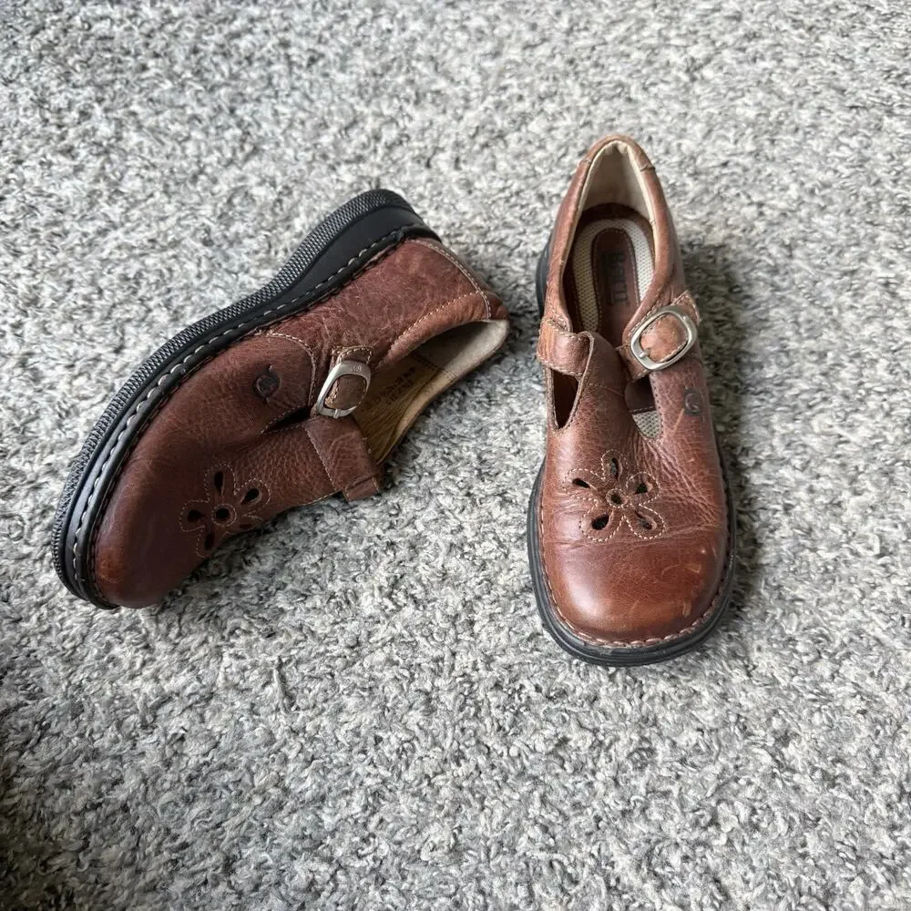 Born Girls Brown Leather Mary Jane Shoes Sz 2.5 Adjustable Buckle Strap Comfort