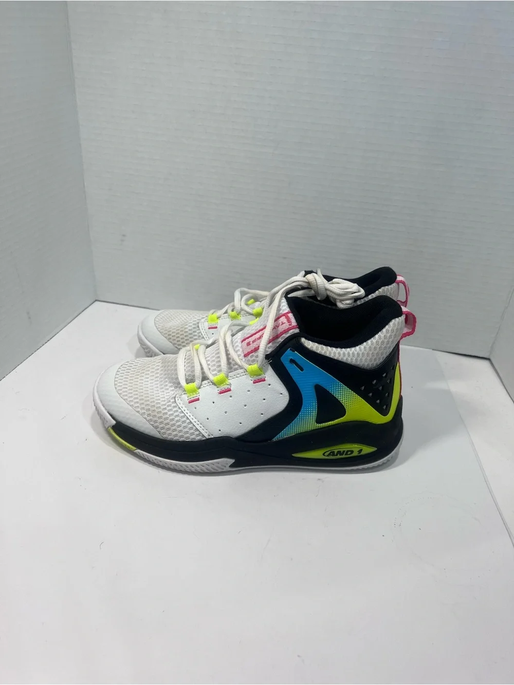 And1 White Sneakers with Neon Yellow and Blue Accents