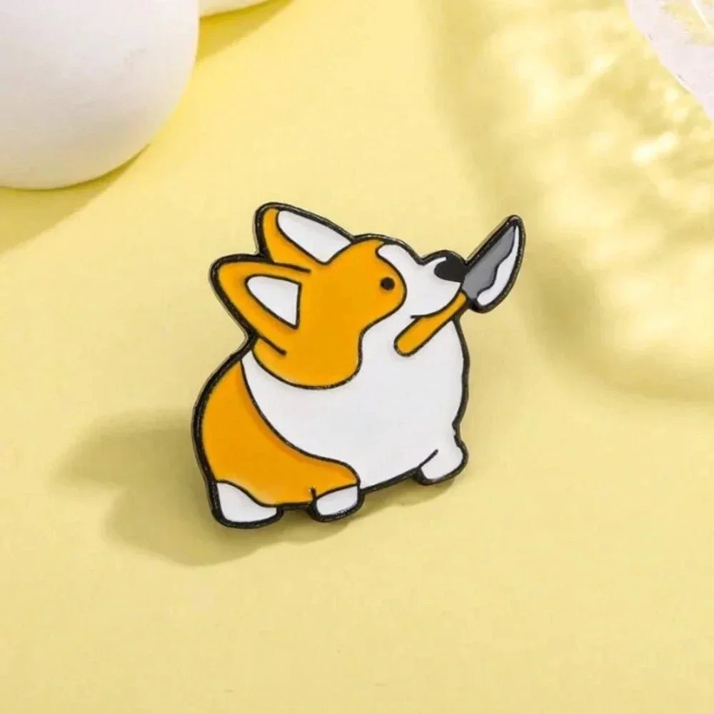 Halloween Brown white dog carrying knife enamel pin backpack clothing denim
