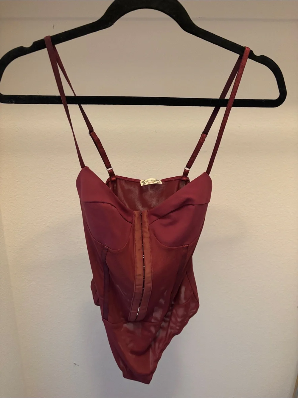 Free People Wine Red Mesh-Accent Bodysuit