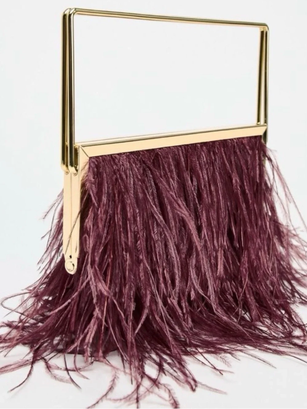 Zara Feather Fringe Evening Clutch in Plum with Gold Frame