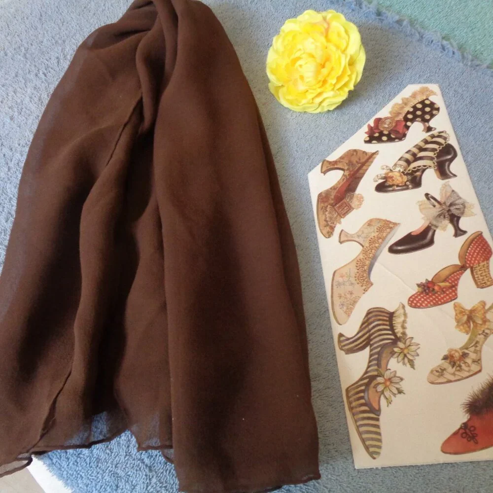 VINTAGE GIRL COQUETTE Brown Chiffon Scarf Plus Early 1900s Shoe Stickers Lot