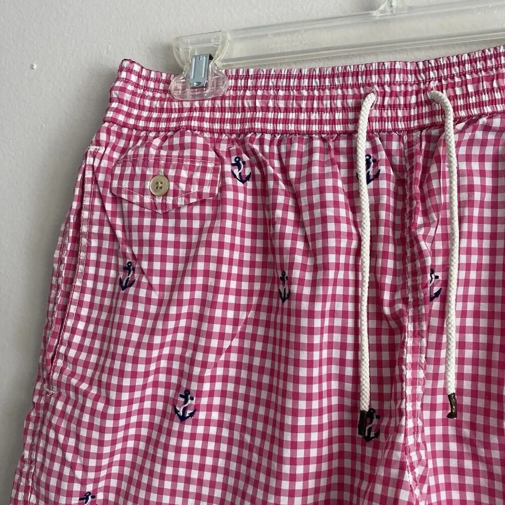 Polo Ralph Lauren Mens Pink Gingham Anchors Swim Trunks Board Shorts Large