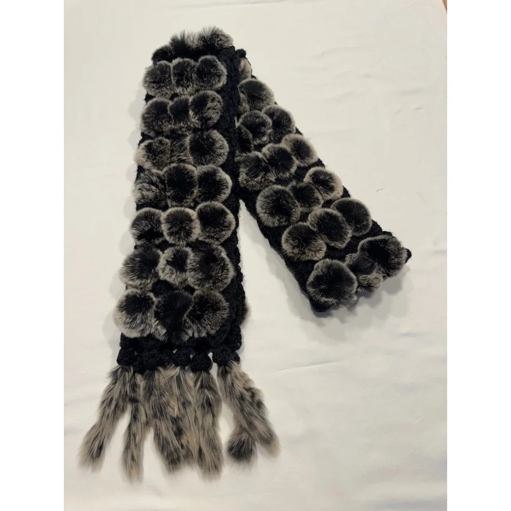 Genuine Rex Rabbit Fur Pom Pom Scarf Tail Fringe OS Black Gray Exc‎