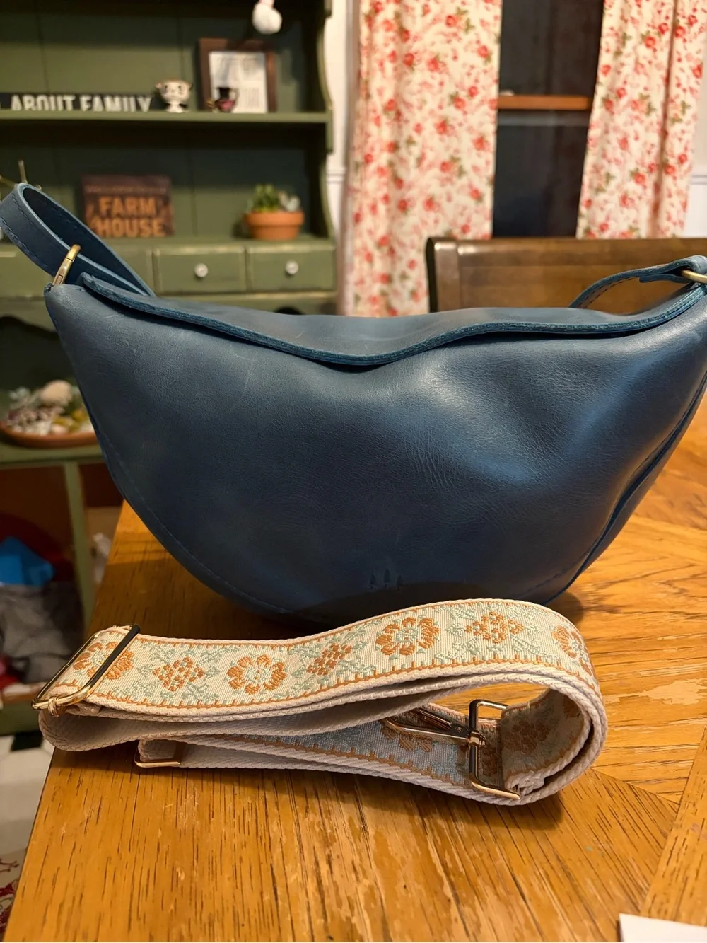 Blue Leather Crescent Shoulder Bag with Patterned Strap