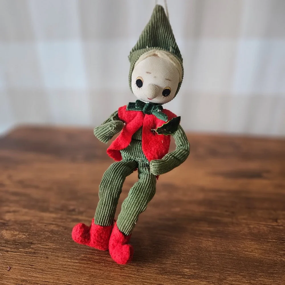 Vintage Japan Elf Doll Ornament Christmas‎ Decoration Green Corduroy Sit Hang
