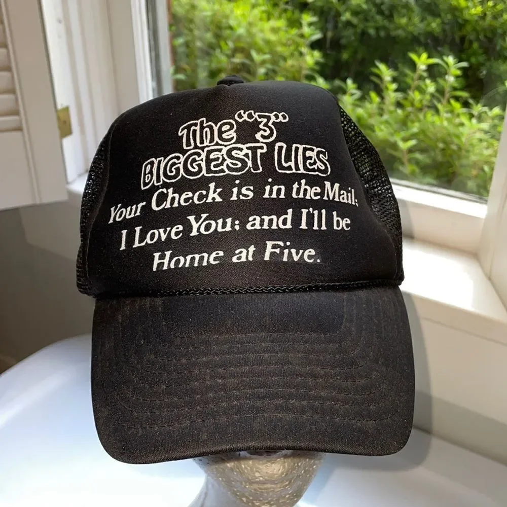 Vintage Nissun Cap “3 Biggest Lies” black trucker snap back hat‎