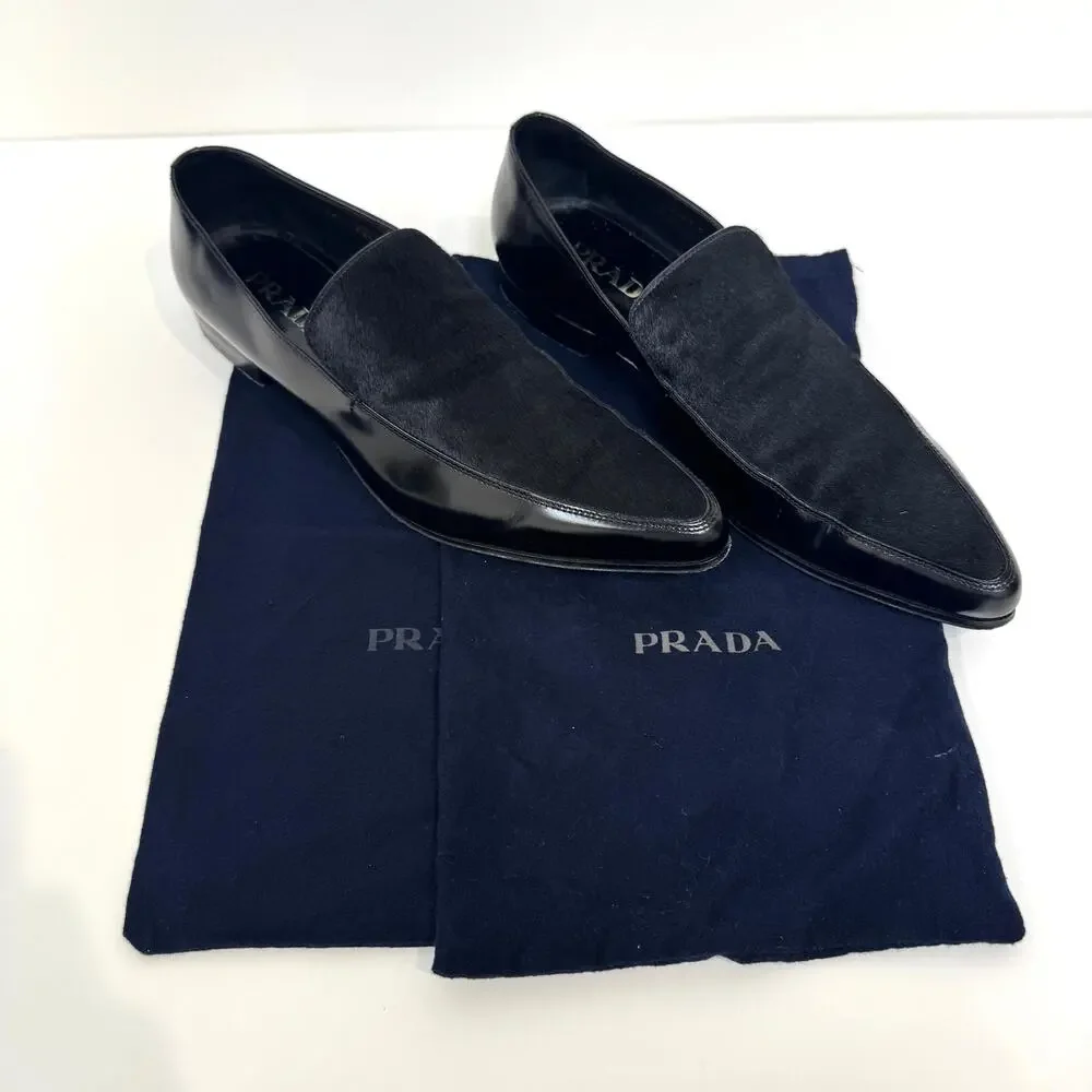 PRADA Black Patent Leather Combination Calf Hair Point Toe Loafer 10 Pony Shoes