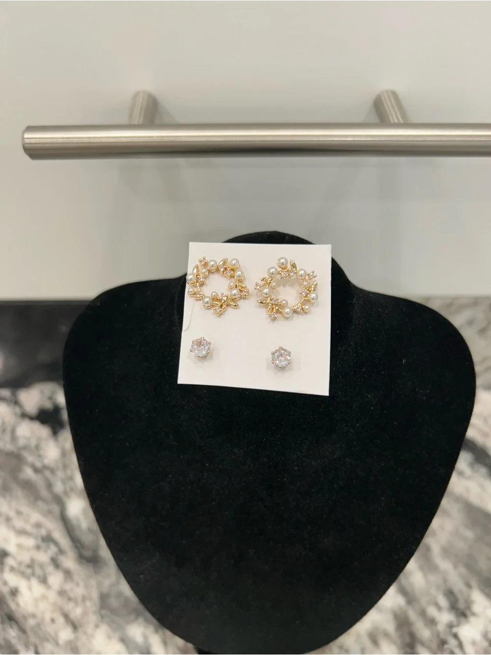 Gold Pearl Wreath and Clear Crystal Stud Earring Set - Women's Jewelry