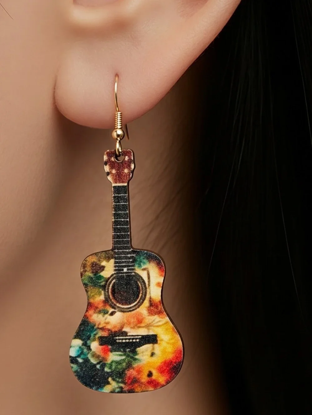 Rustic Floral Guitar Wood Dangle Earrings Boho Artist Statement Musician Gift