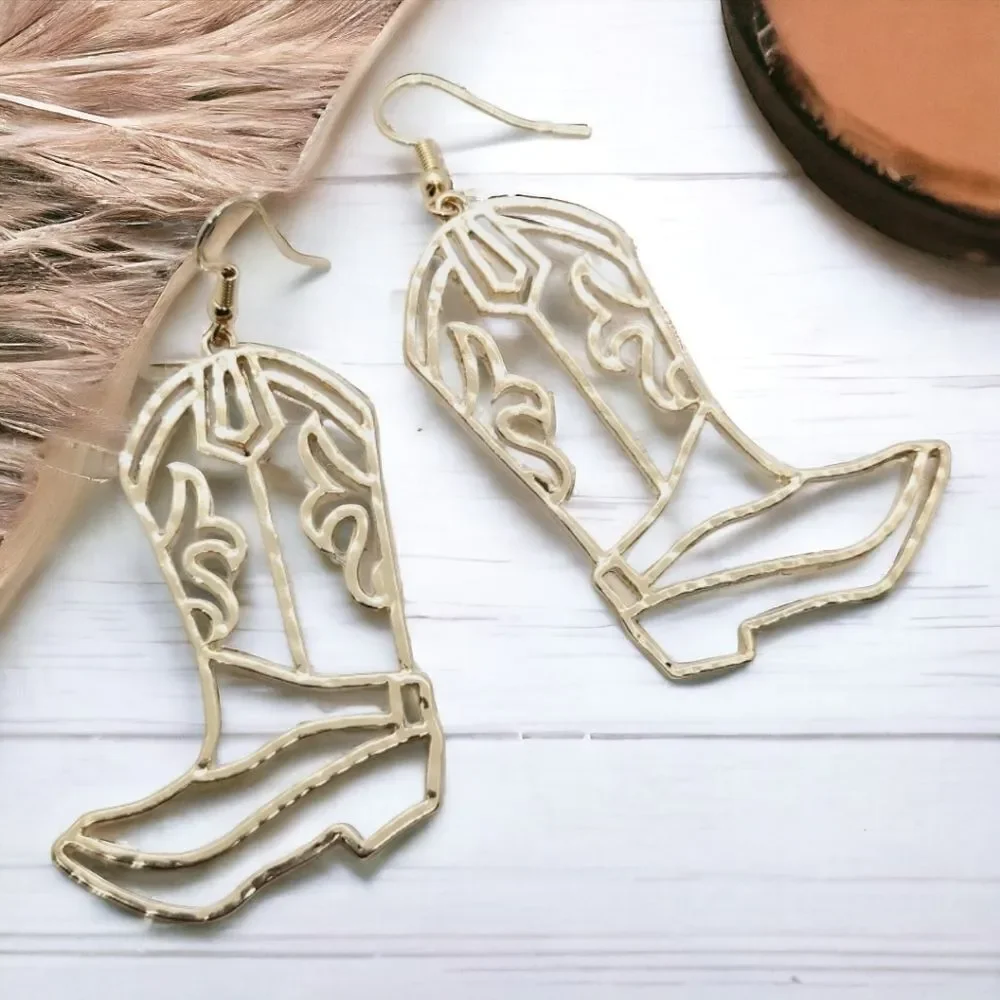 Gold Cowboy Boot Earrings Western Cowgirl Nashville Jewelry Rodeo Honky Tonk Fun