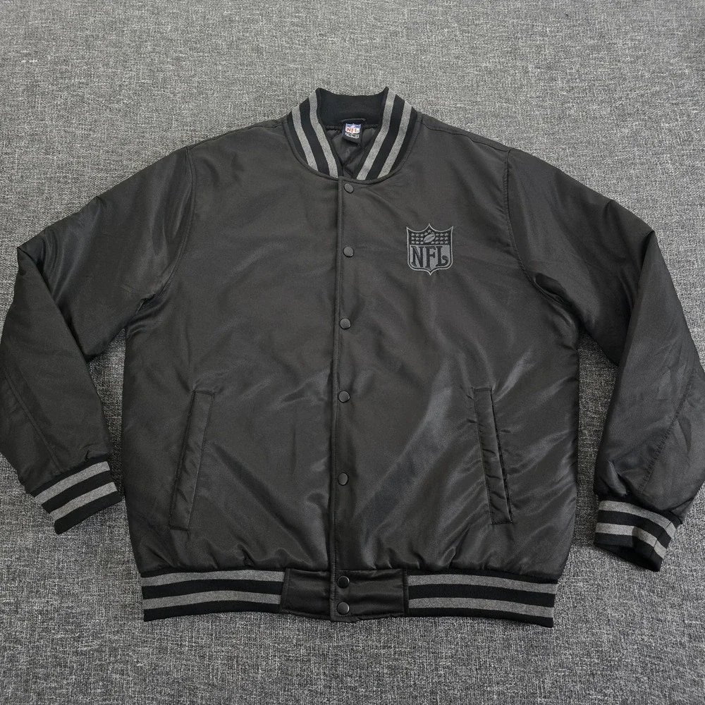 NFL Varsity Bomber Jacket Mens Large Black Gray Snap Front NFL Logo
