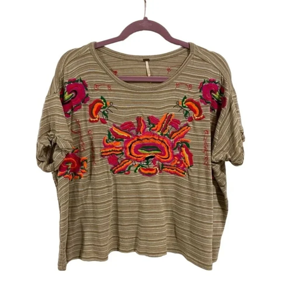Free People Catalunya Embroidered Striped Cuffed‎ Sleeves Top Size S