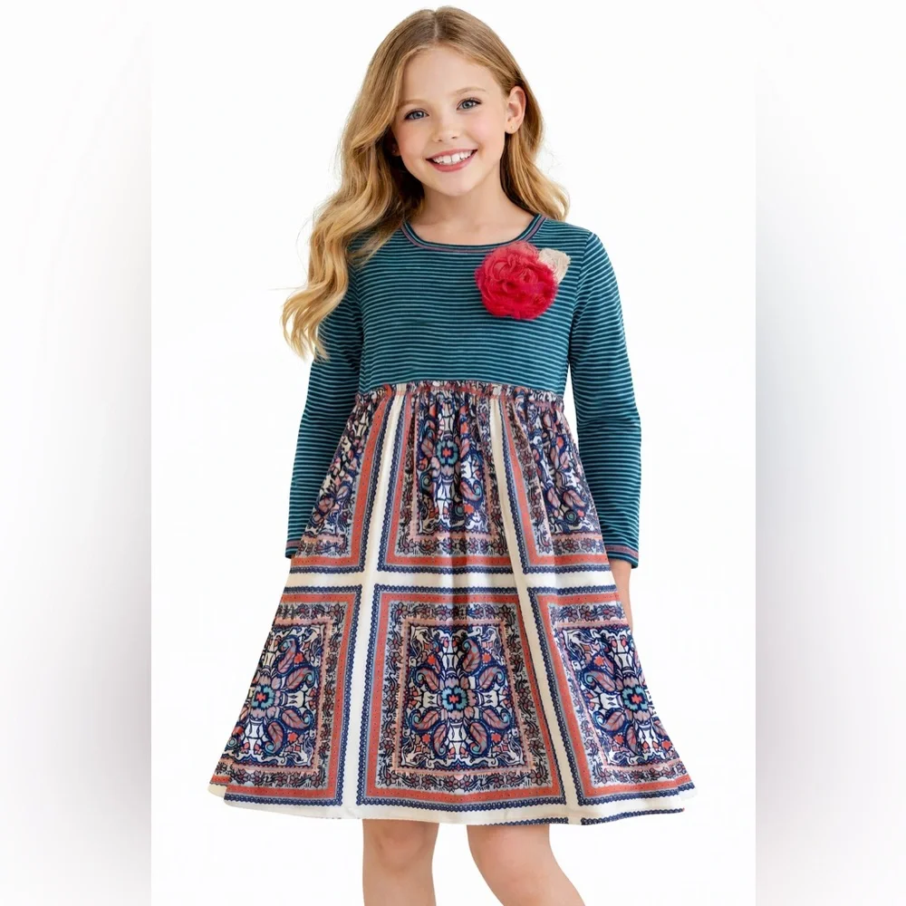 PinkVanilla Teal and Patterned Kids Dress with Red Floral Detail