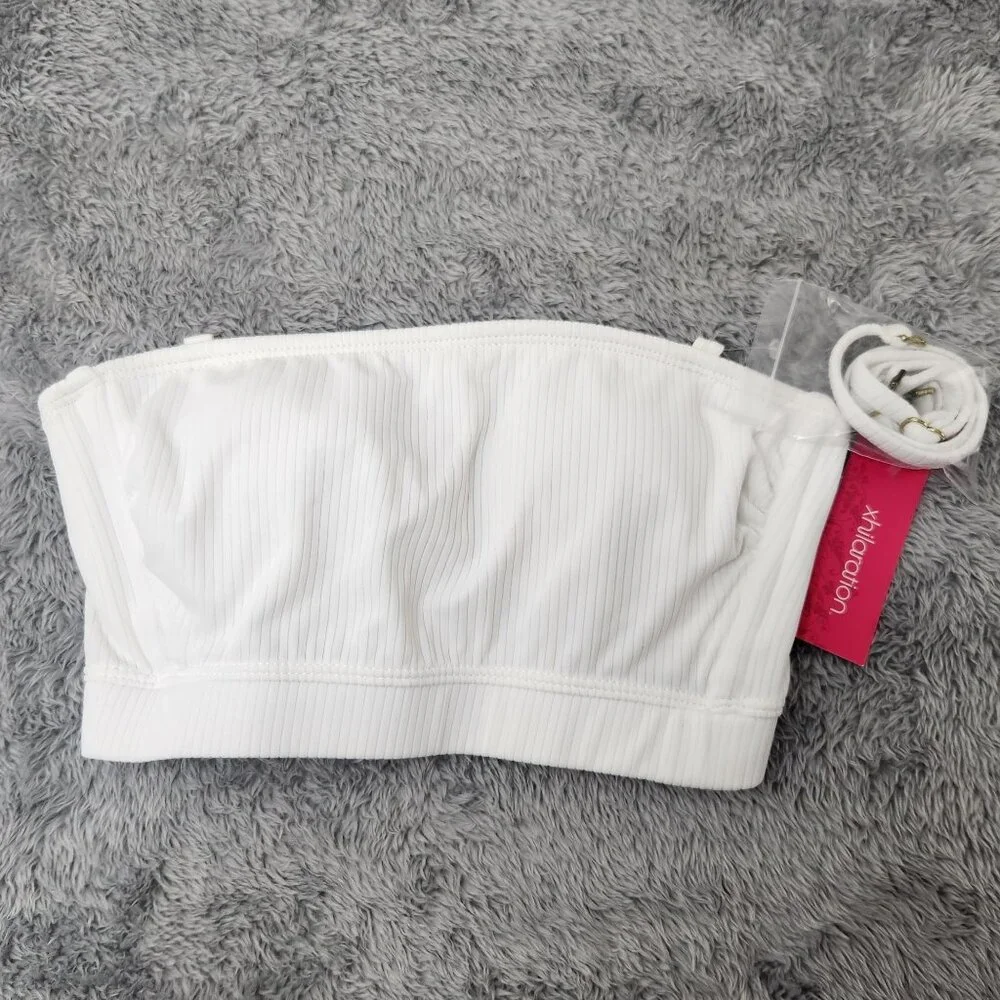 Xhilaration Swim Top XS‎ White Bandeau Ribbed Nylon Stretch Adjustable Straps